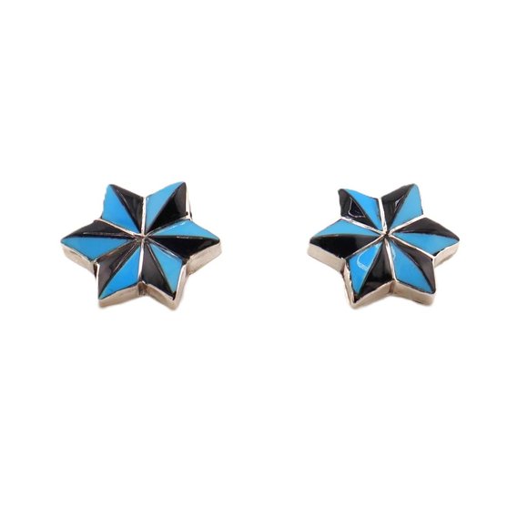 Zuni Inlay Turquoise and Pen Shell Star Stud Earrings Handmade Artisan Jewelry** - Picture 1 of 11